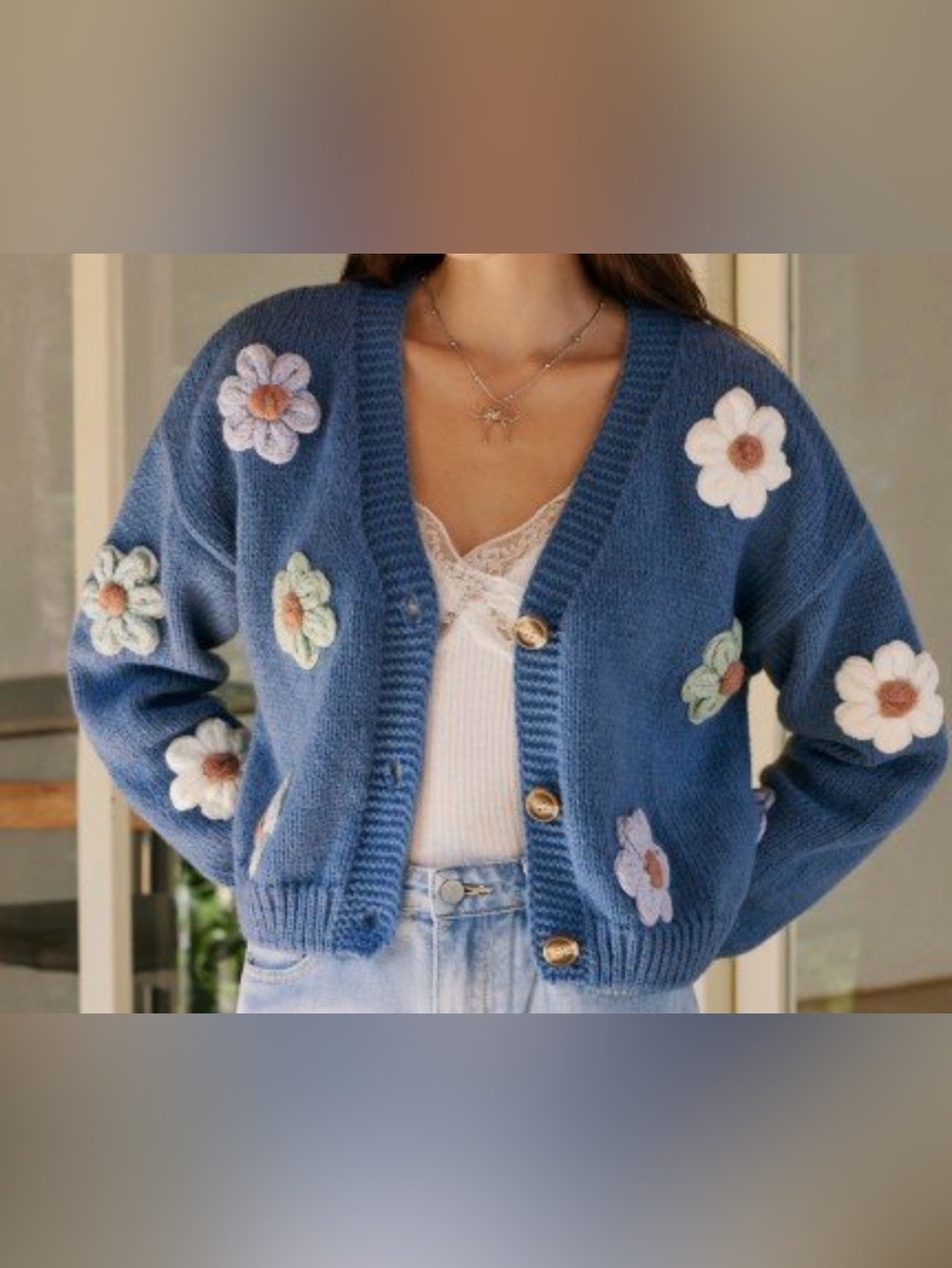 Blue Floral Embroidered V-Neck Cardigan Sweater